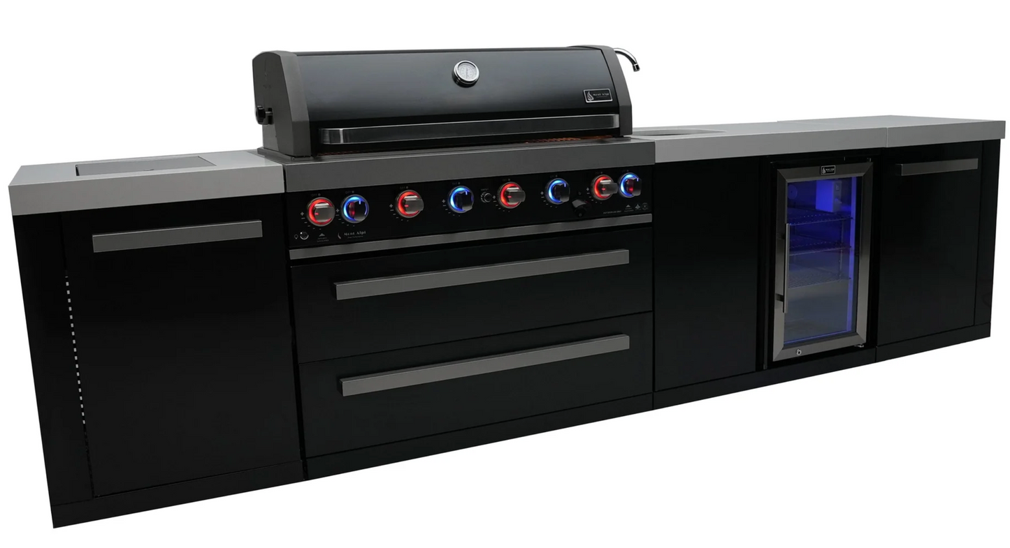 Mont Alpi 805 Black Stainless Steel Island with Beverage Center 6-Burner Grill  2 Infrared Burners Sink Fridge