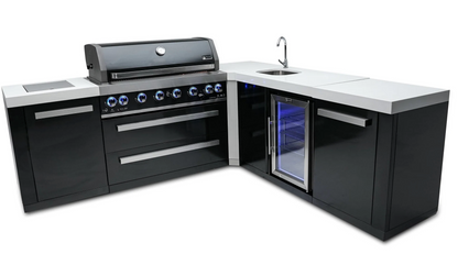 Mont Alpi 805 Black Stainless Steel Island with Beverage Center and 90 Degree Corner 6-Burner Grill 2 Infrared Burners Sink, Fridge